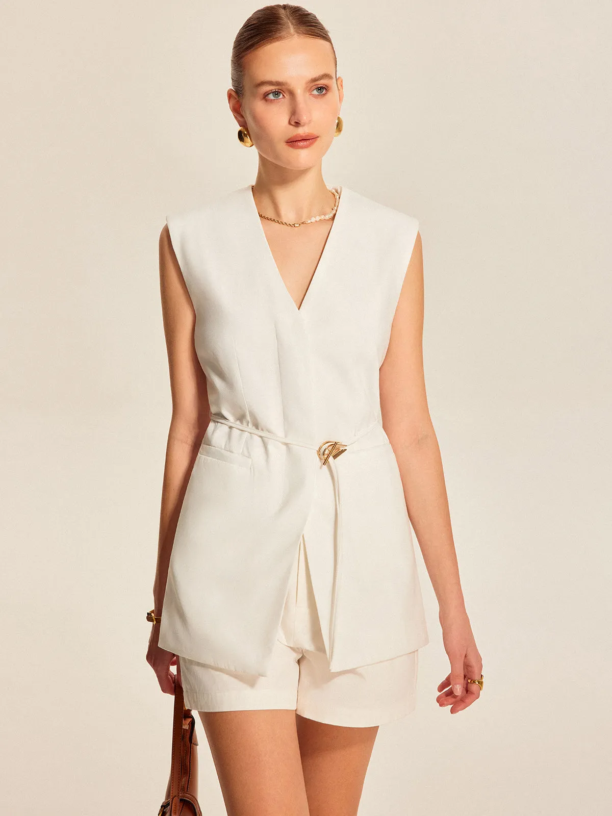 Belted V-Neck Sleeveless Vest sold by COMMENSE