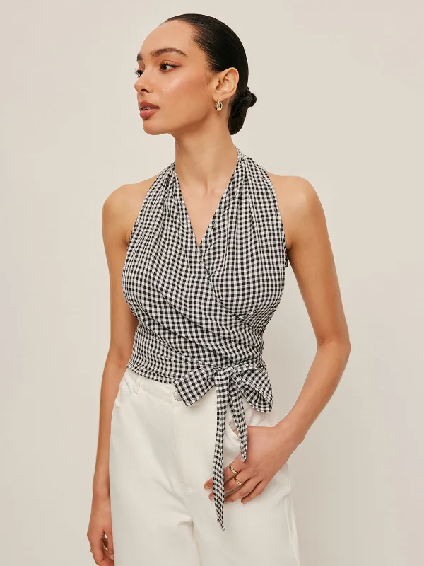 Gingham Halter Wrap Top sold by COMMENSE