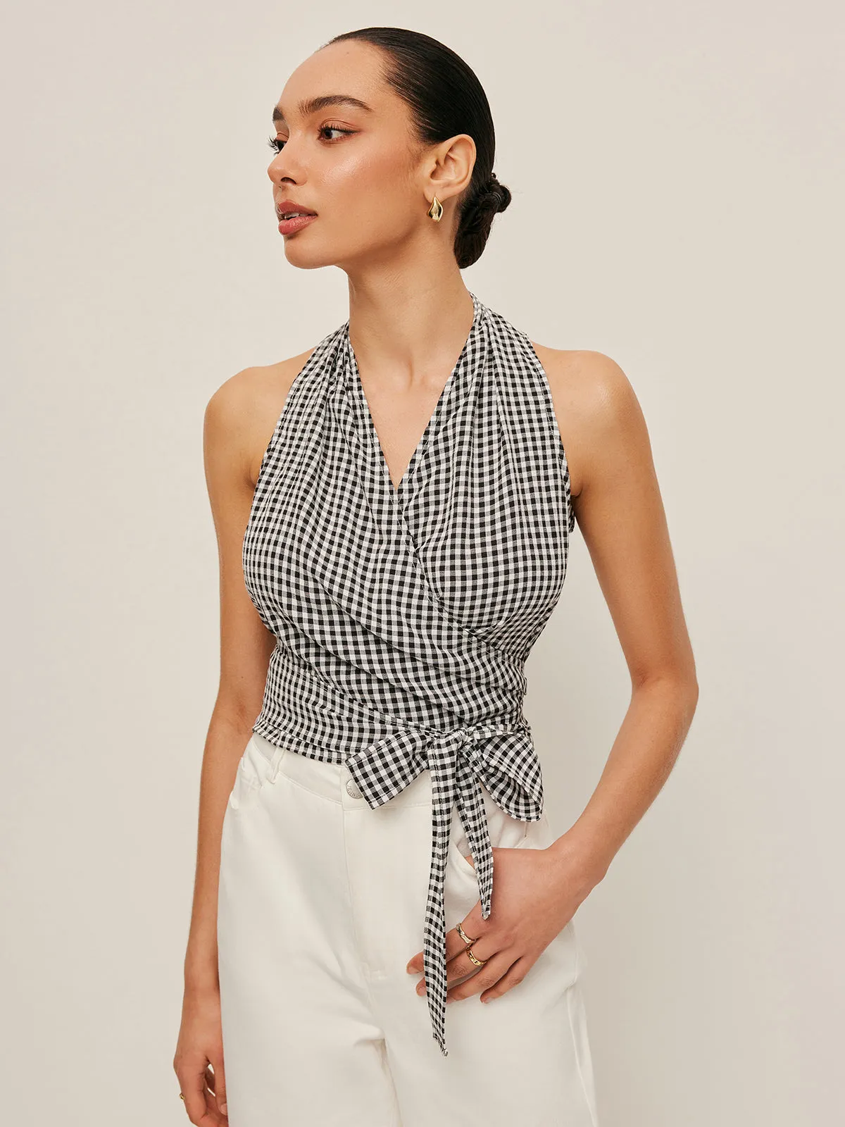 Gingham Halter Wrap Top sold by COMMENSE
