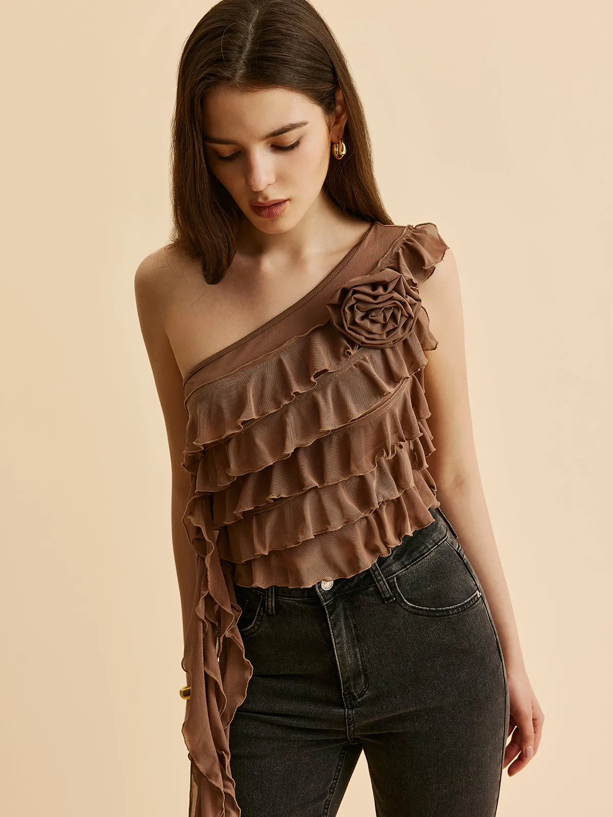One-Shoulder Ruffled Rosette Detail Top sold by COMMENSE product image thumbnail 3