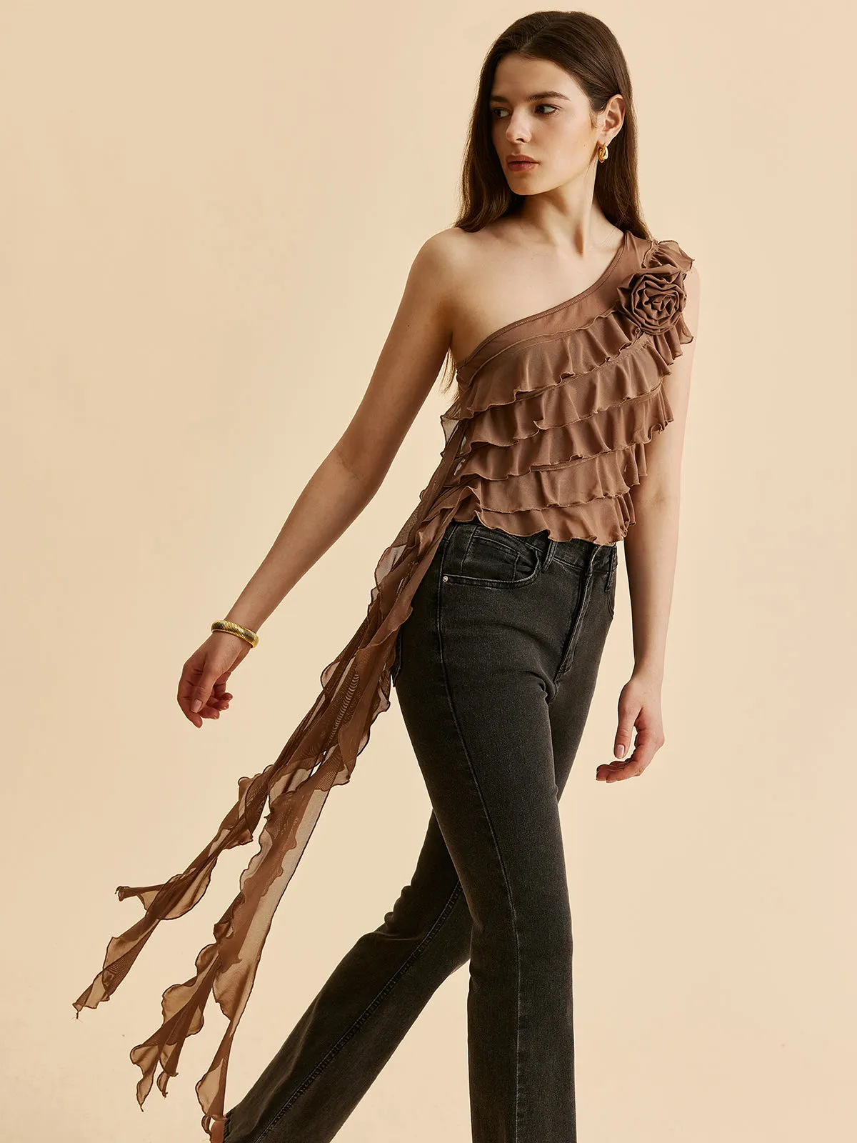 One-Shoulder Ruffled Rosette Detail Top sold by COMMENSE