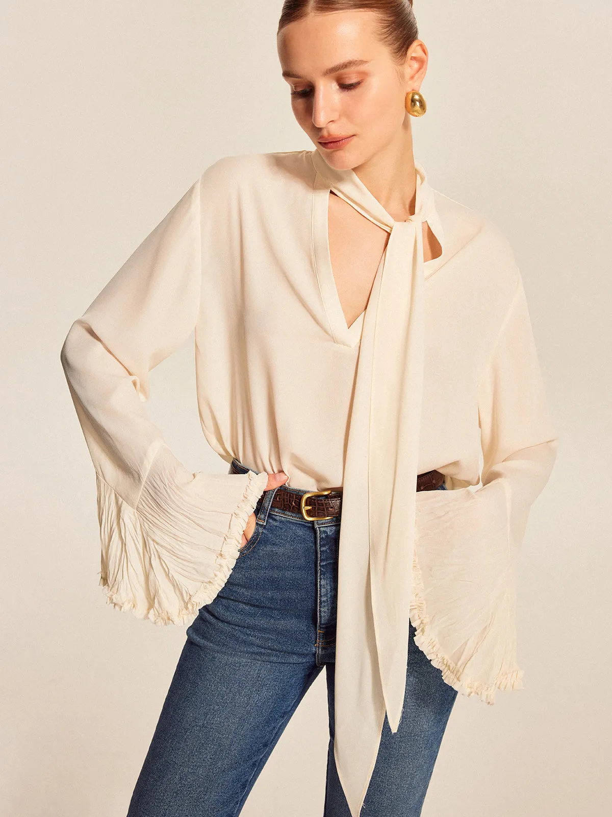 Bow Tie Pleated Cuff Chiffon Blouse sold by COMMENSE product image thumbnail 2