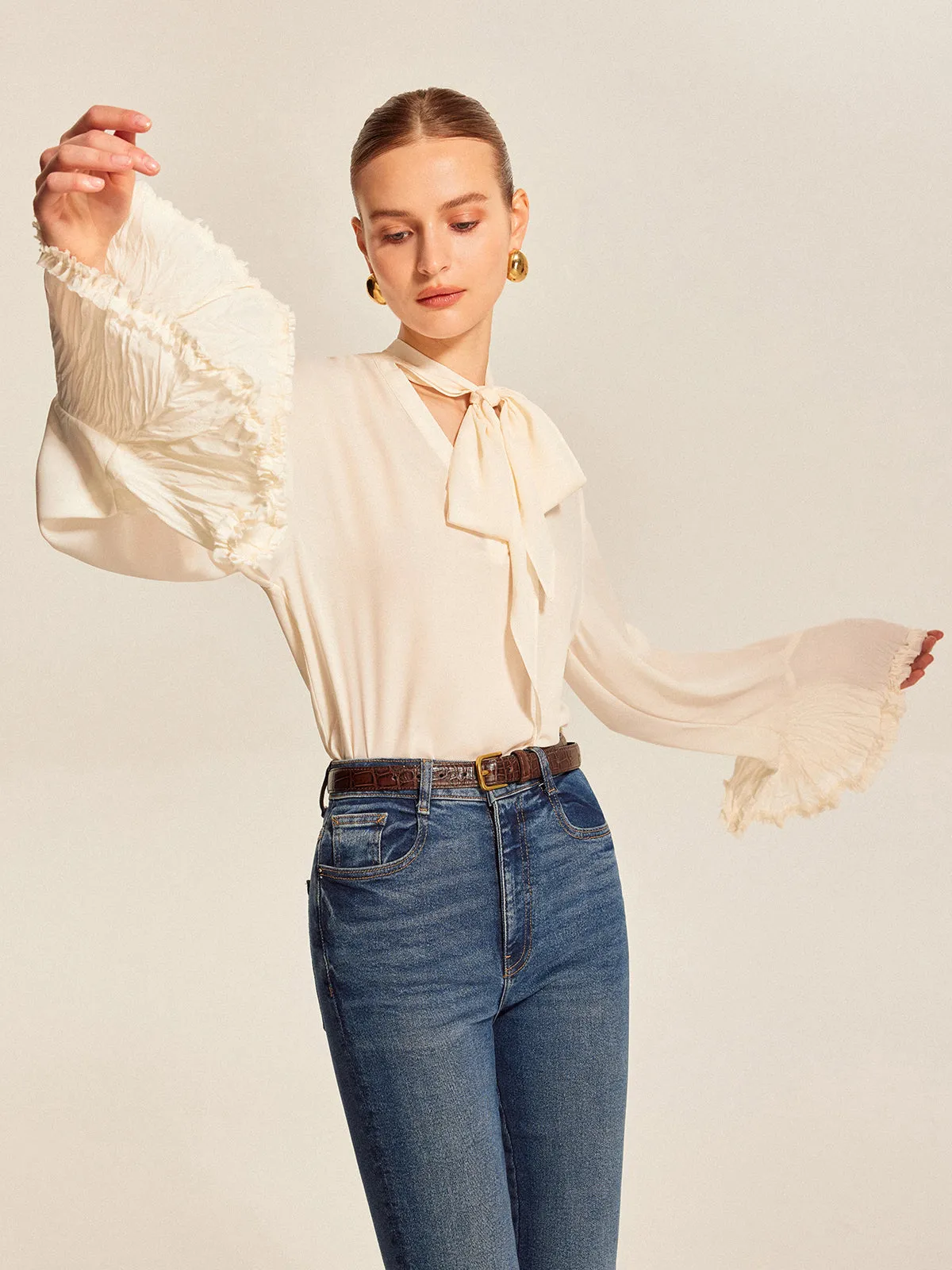 Bow Tie Pleated Cuff Chiffon Blouse sold by COMMENSE