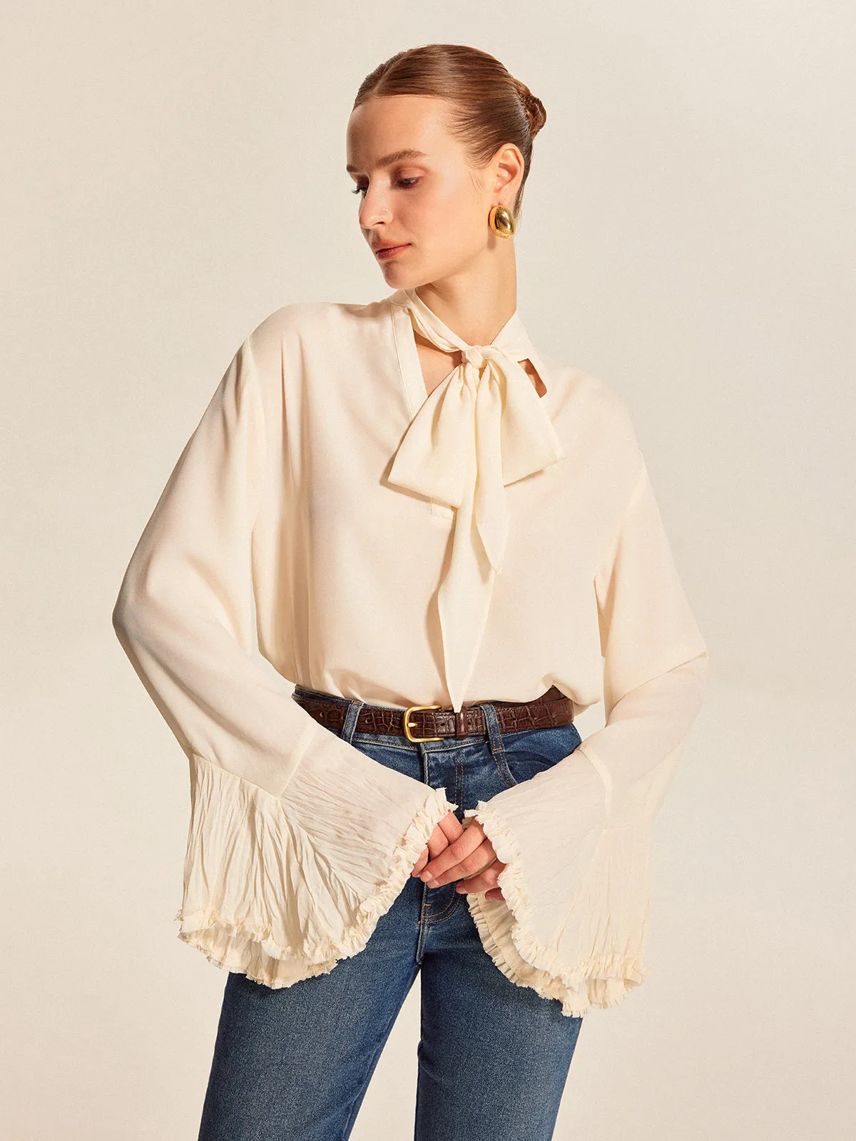 Bow Tie Pleated Cuff Chiffon Blouse sold by COMMENSE product image thumbnail 3