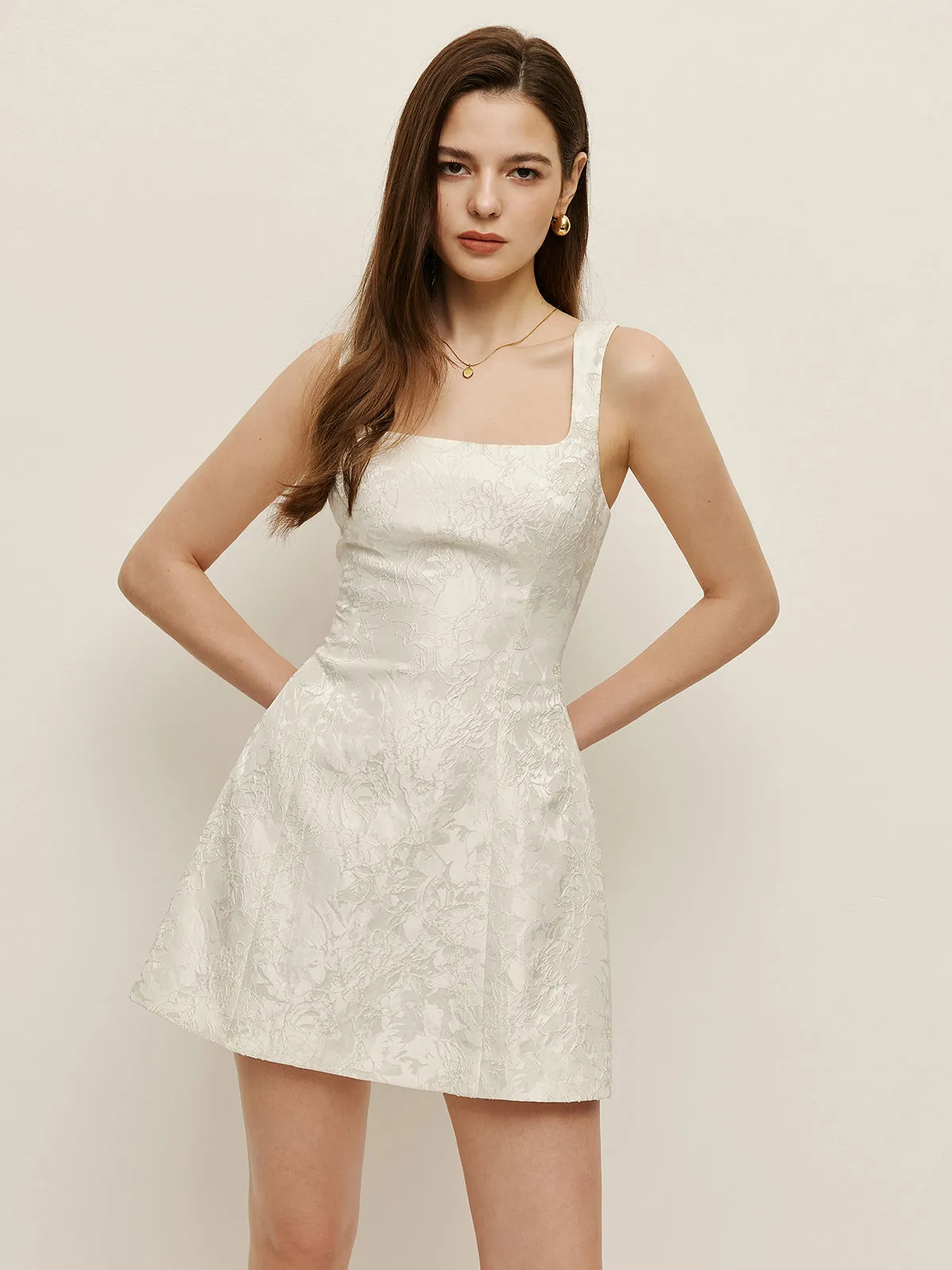 Floral Jacquard Square Neck Dress sold by COMMENSE