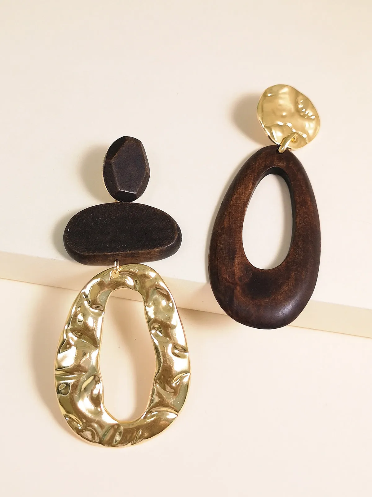 Asymmetrical Wood & Metal Drop Earrings sold by COMMENSE product image thumbnail 2