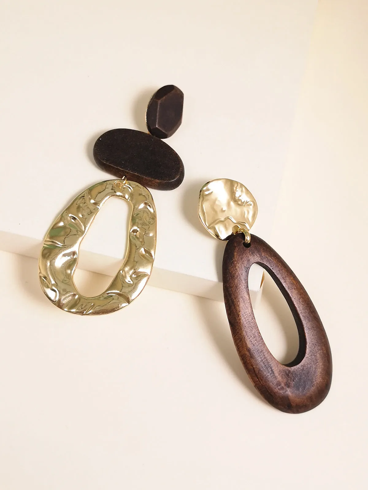 Asymmetrical Wood & Metal Drop Earrings sold by COMMENSE product image thumbnail 3