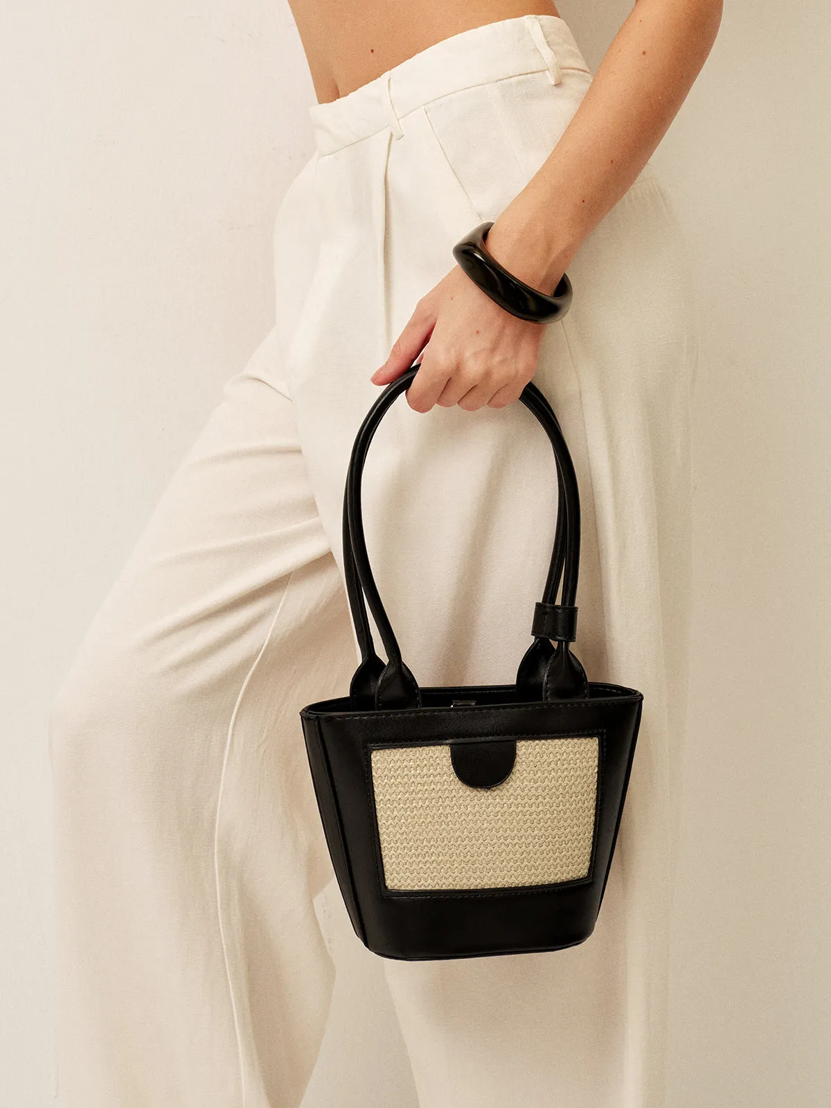 Two-Tone Woven Panel Tote Bag sold by COMMENSE