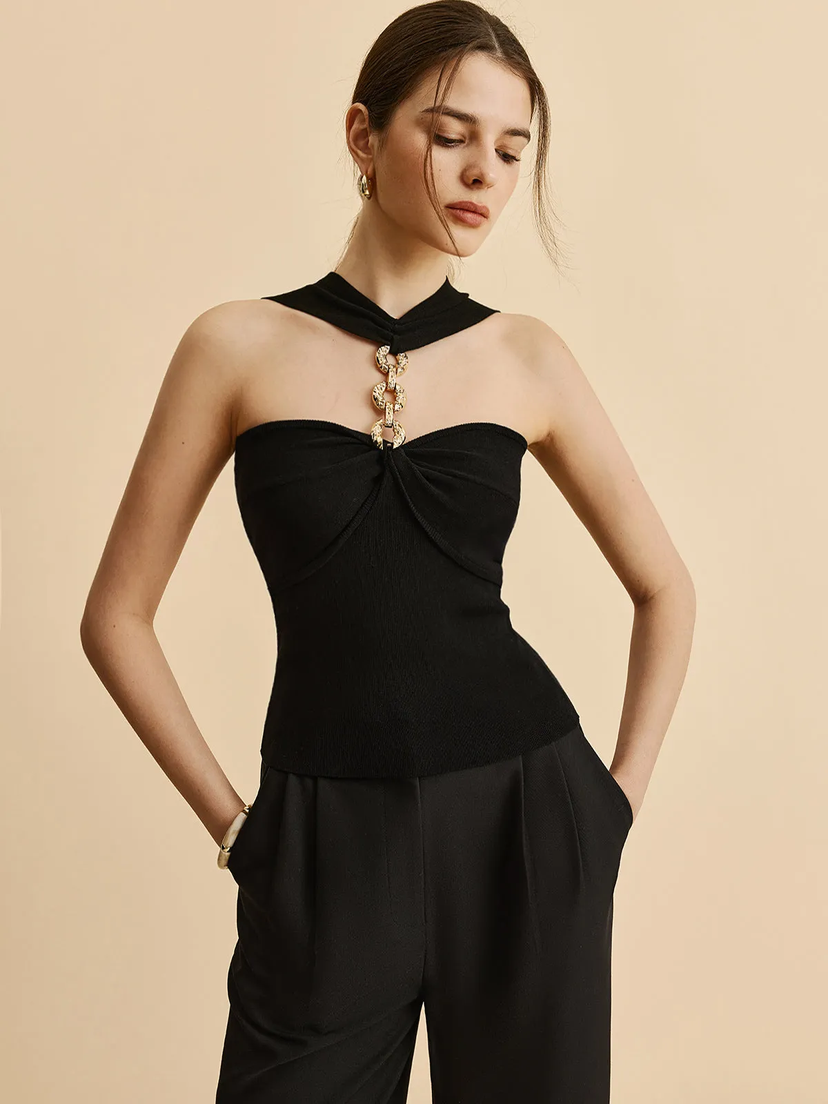 Halter Neck Chain Detail Knit Top sold by COMMENSE product image thumbnail 2