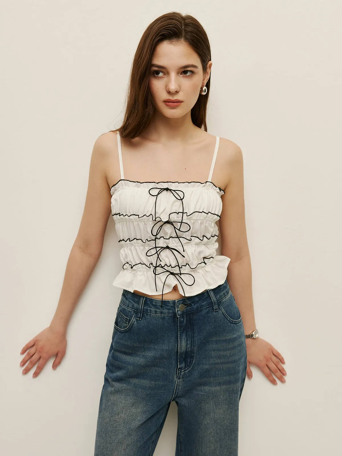 Ruched Contrast Trim Lace-Up Cami sold by COMMENSE product image thumbnail 4