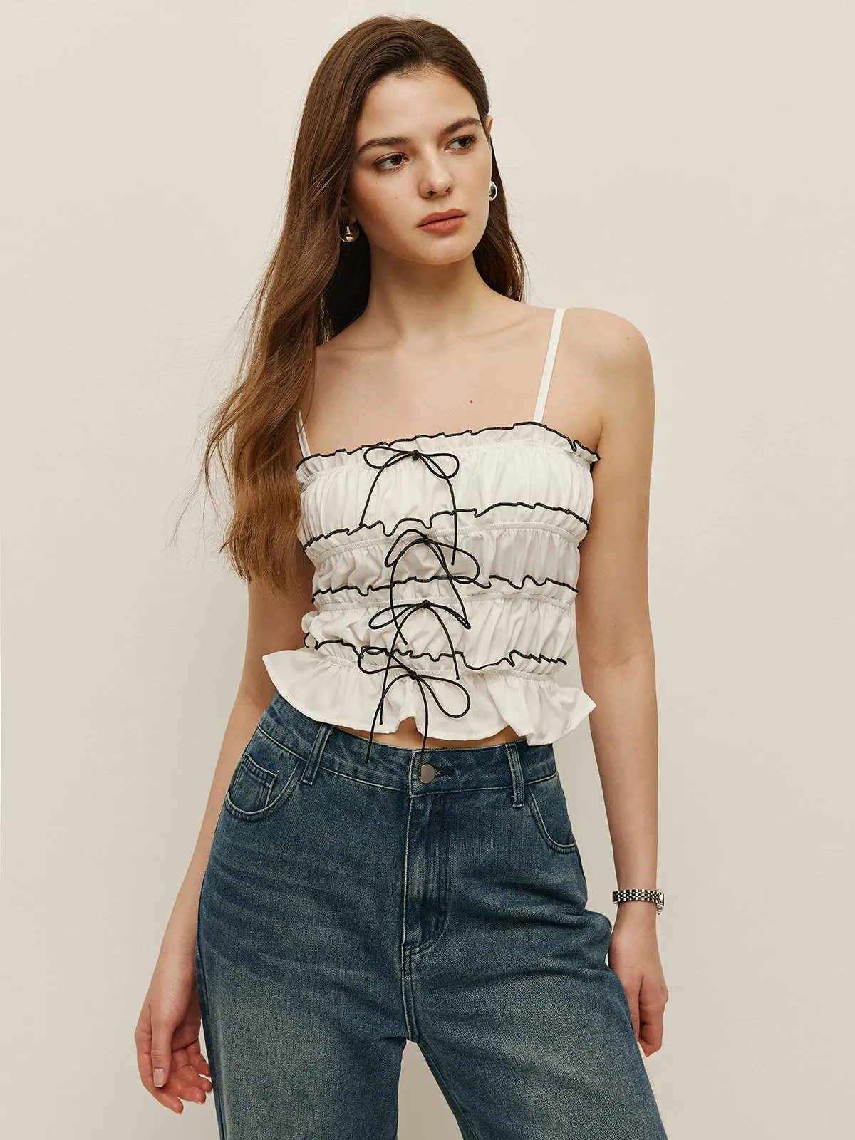 Ruched Contrast Trim Lace-Up Cami sold by COMMENSE