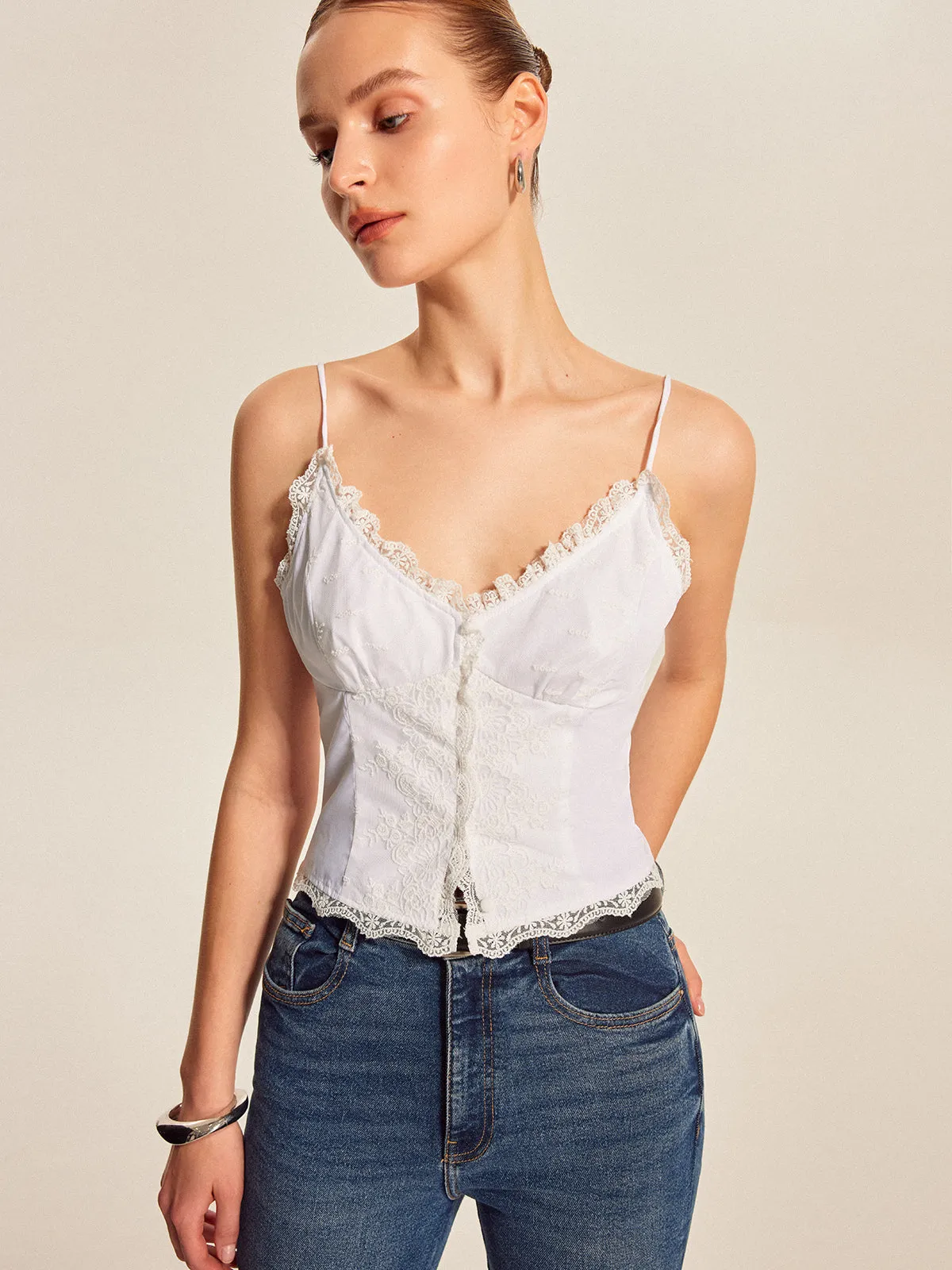 Lace Trim Button-Up Cami Top sold by COMMENSE product image thumbnail 5