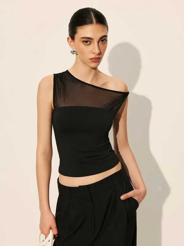 Sheer Panel One-Shoulder Top sold by COMMENSE