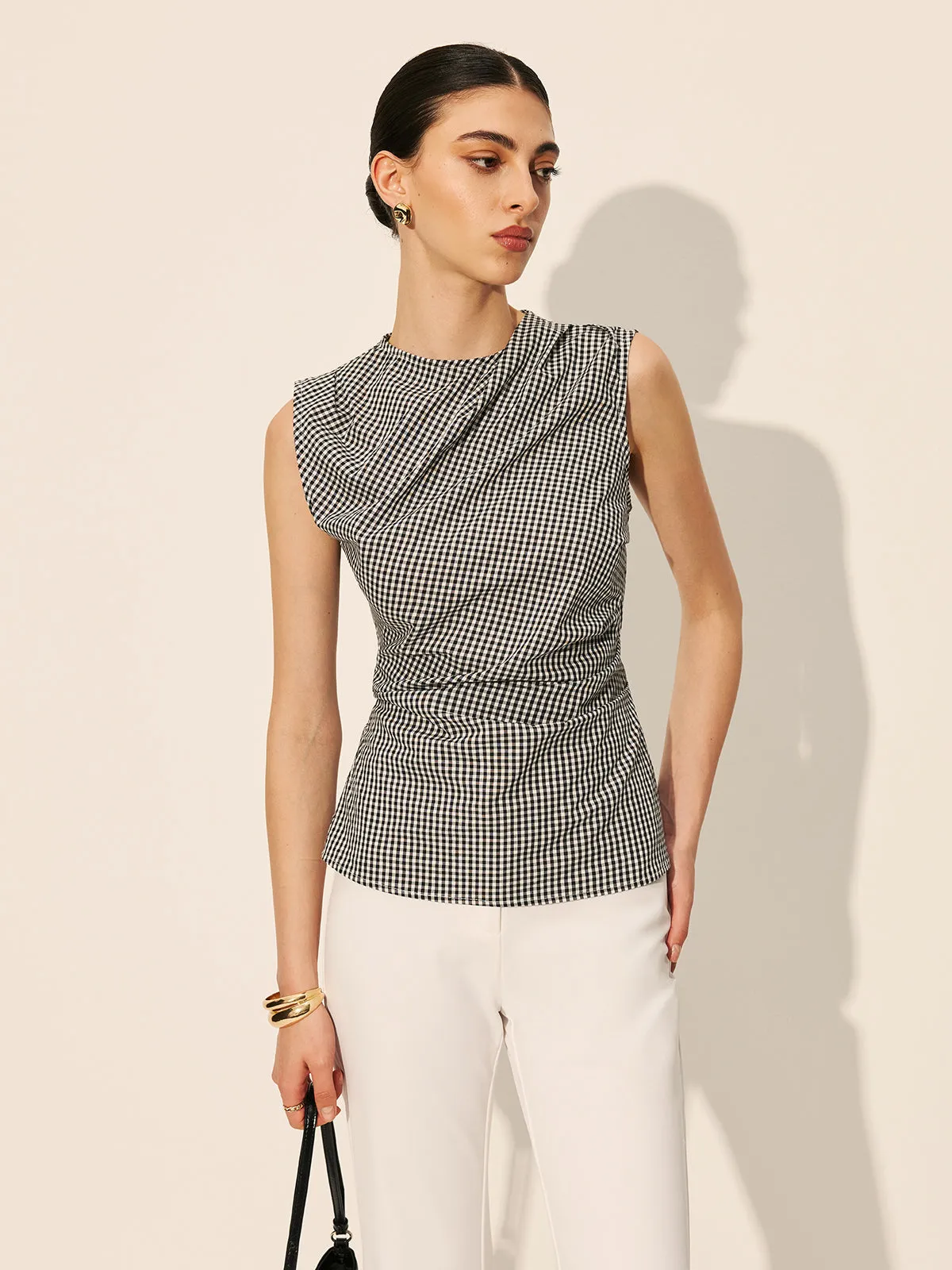Gingham Ruched Sleeveless Top sold by COMMENSE