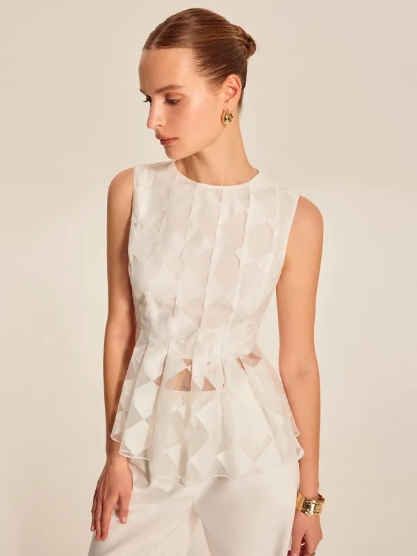 Semi-Sheer Geometric Peplum Top sold by COMMENSE