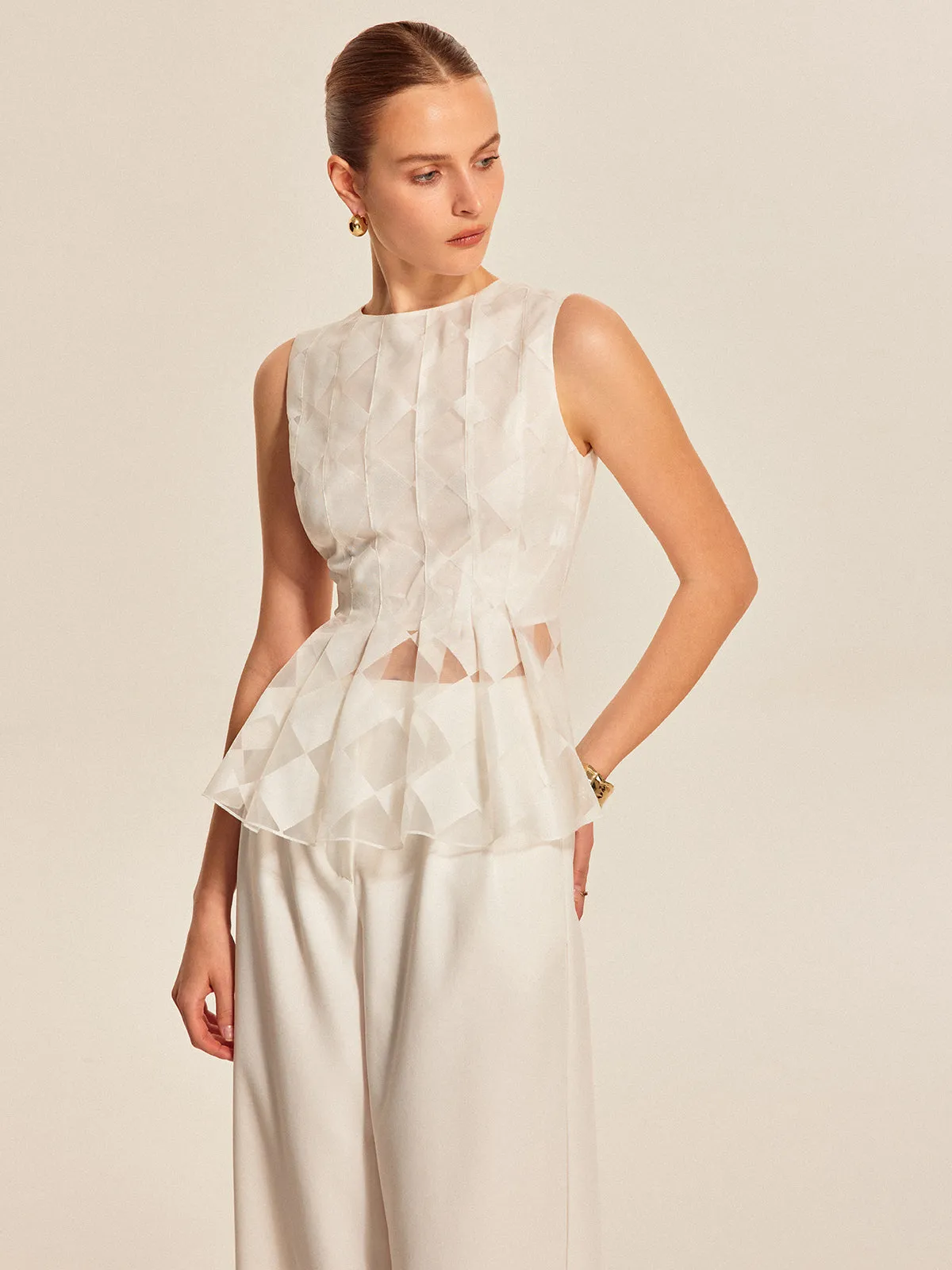 Semi-Sheer Geometric Peplum Top sold by COMMENSE product image thumbnail 2