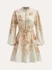 Cotton & Linen Puff Sleeve Floral Belted Dress sold by COMMENSE