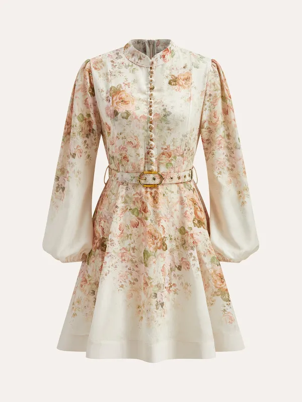 Cotton & Linen Puff Sleeve Floral Belted Dress sold by COMMENSE
