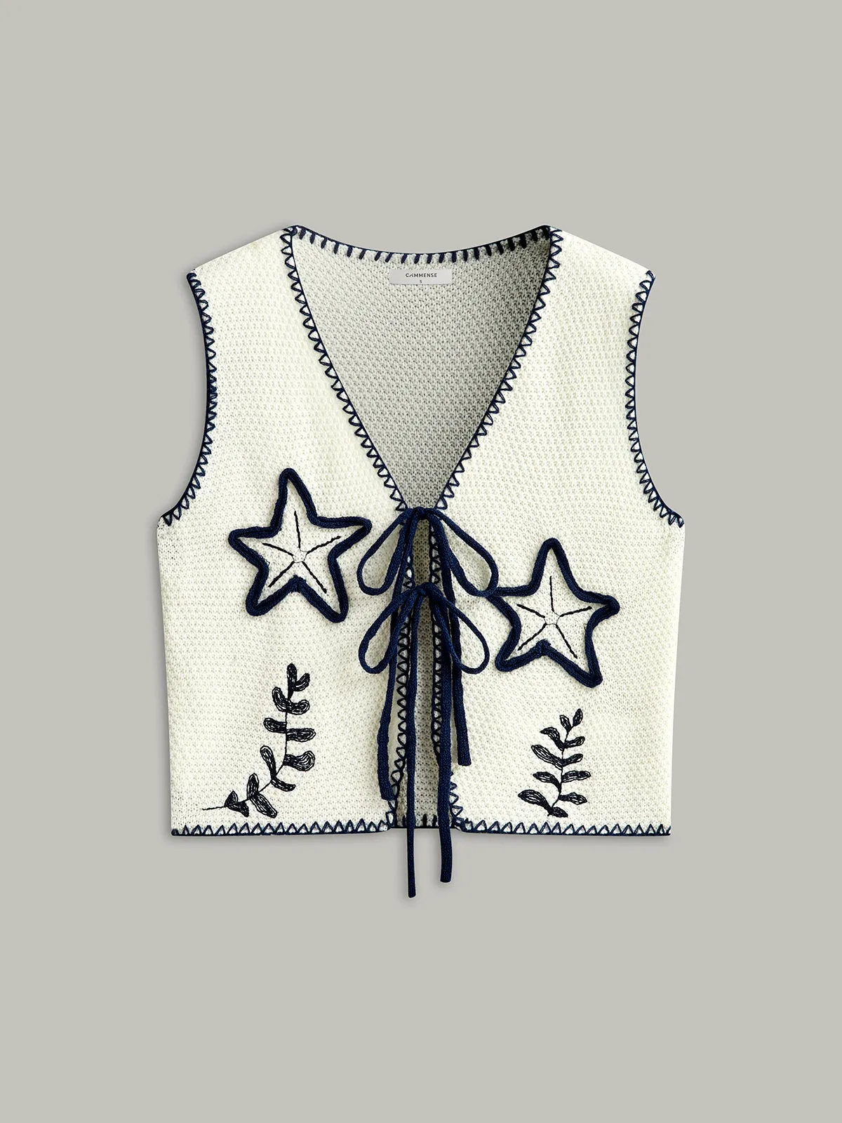 Embroidered Knit Tie-Front Vest sold by COMMENSE