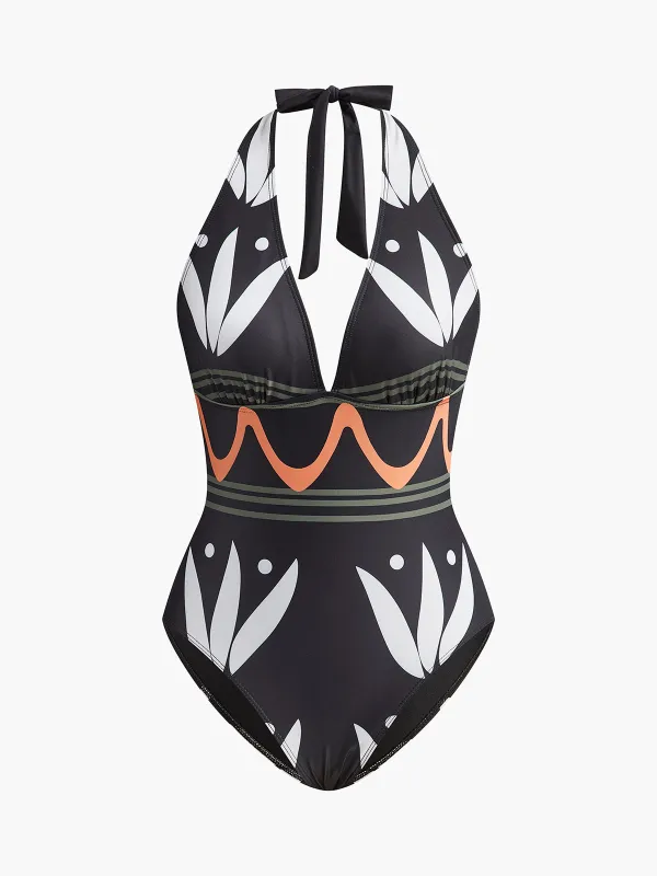 Halter Neck Geometric Print Swimsuit sold by COMMENSE