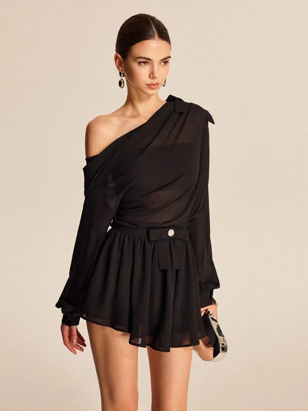 Semi-Sheer Chiffon One-Shoulder Bow Detail Skirt Set made by COMMENSE