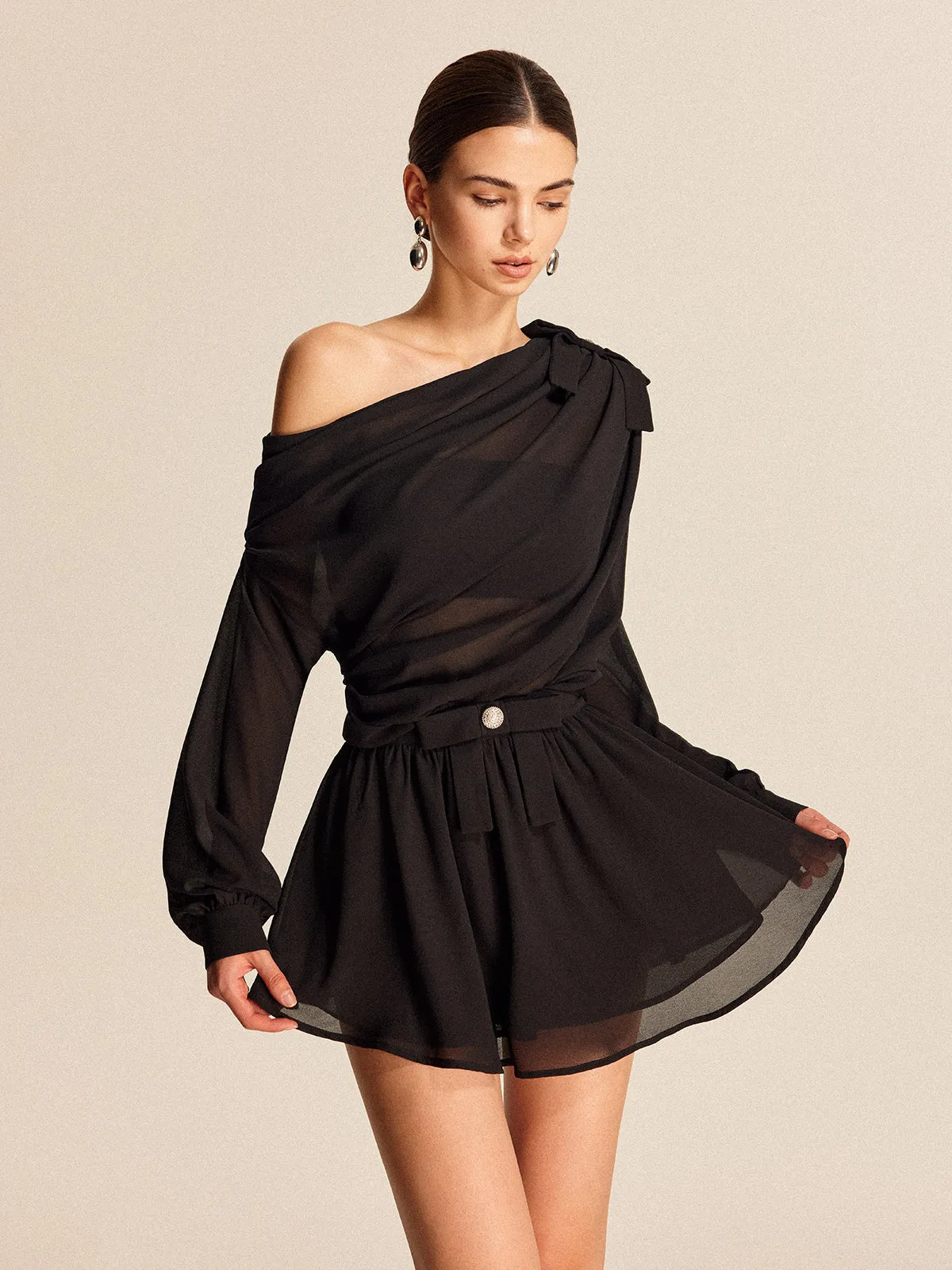 Semi-Sheer Chiffon One-Shoulder Bow Detail Skirt Set sold by COMMENSE product image thumbnail 5