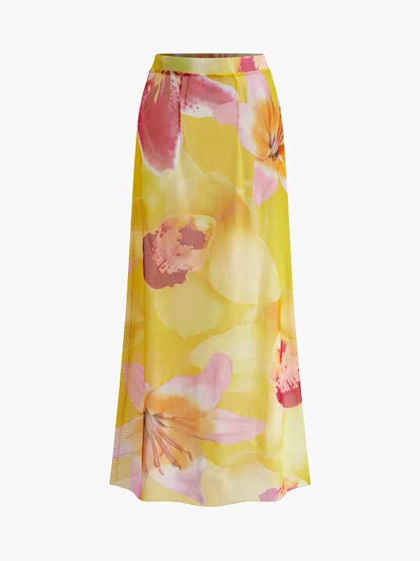 Mesh Floral Print Cover-Up Skirt sold by COMMENSE