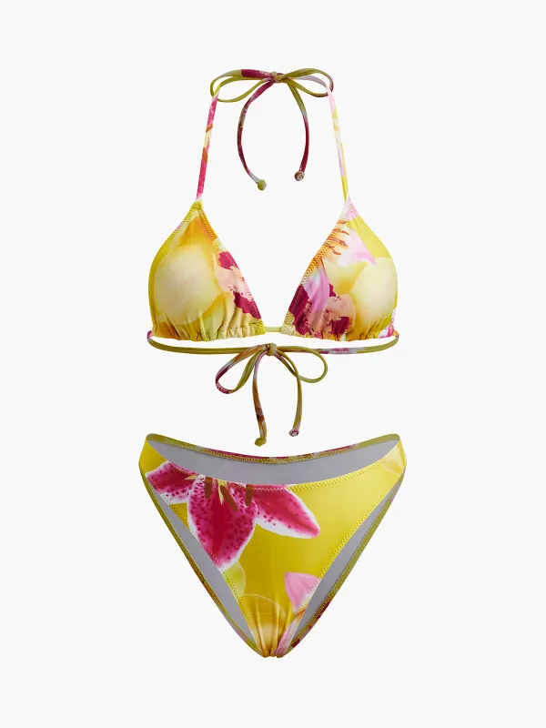 Jersey Floral Print Tie-Neck Bikini Set sold by COMMENSE