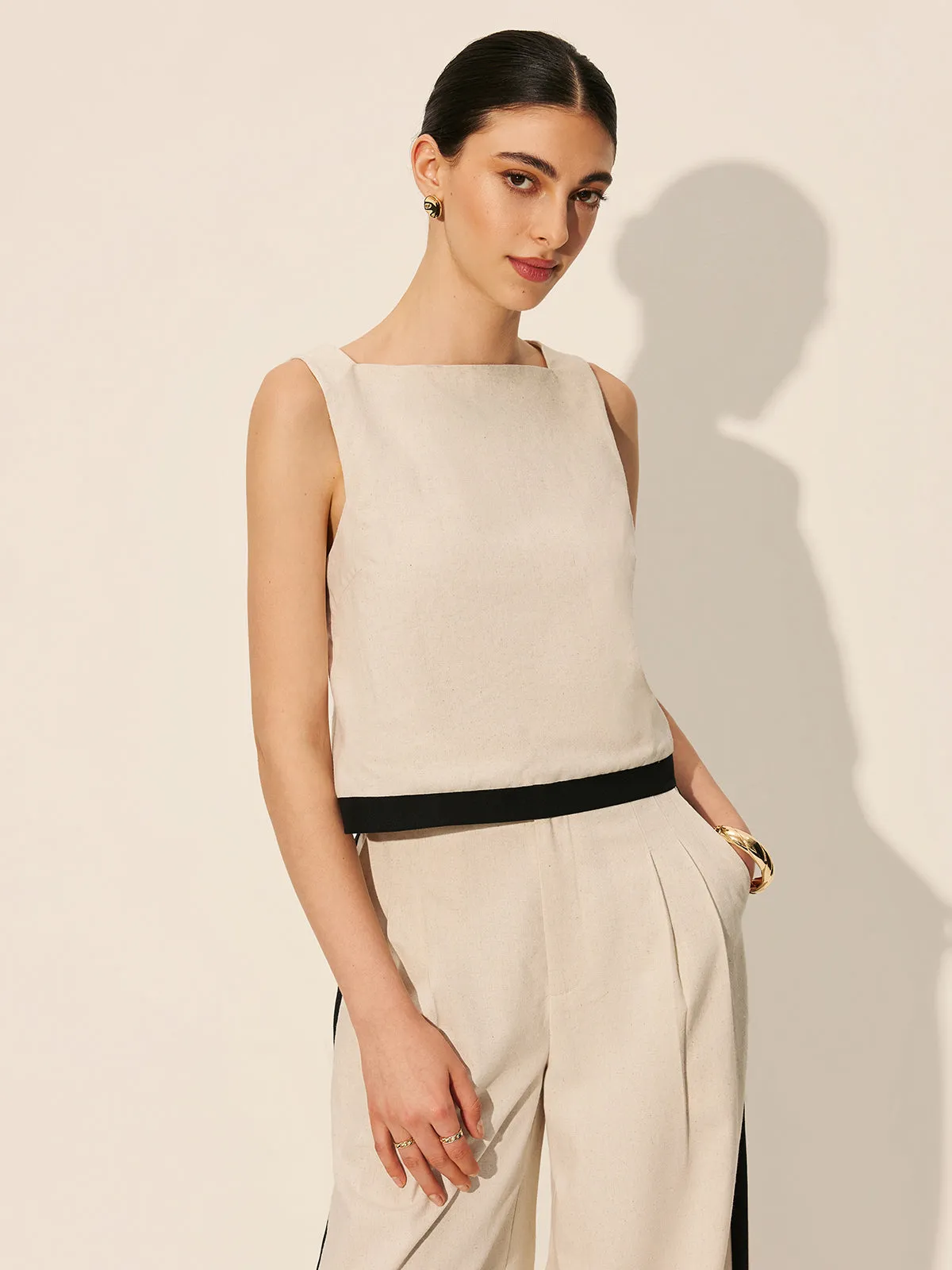 Linen & Cotton Zipper Contrast Binding Pant Set sold by COMMENSE product image thumbnail 3