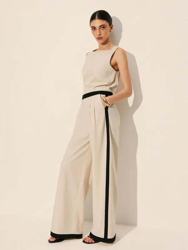 Linen & Cotton Zipper Contrast Binding Pant Set sold by COMMENSE