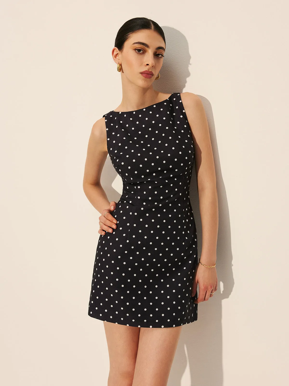 Polka Dot Zipper Crew Neck Short Dress sold by COMMENSE