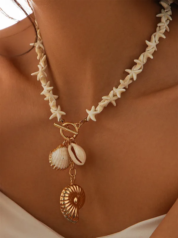 Starfish & Shell Pendant Beaded Necklace sold by COMMENSE
