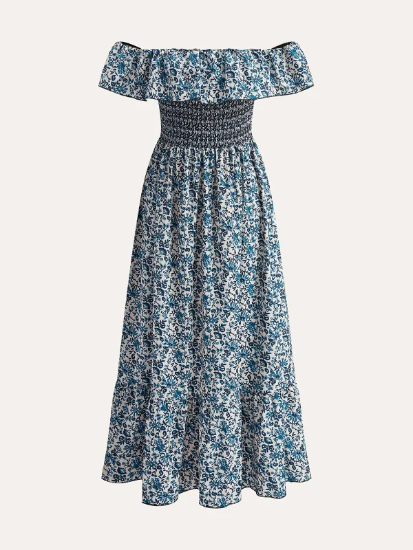 Boho Smocked Off-Shoulder Ruffle Floral Dress sold by COMMENSE