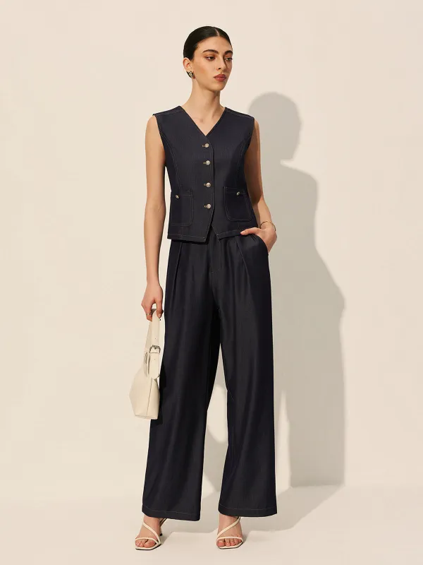Mid-Waist Pockets Wide-Leg Denim Pants sold by COMMENSE