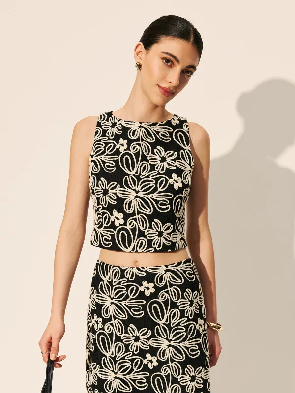 Keyhole Back Floral Embroidered Crop Top sold by COMMENSE