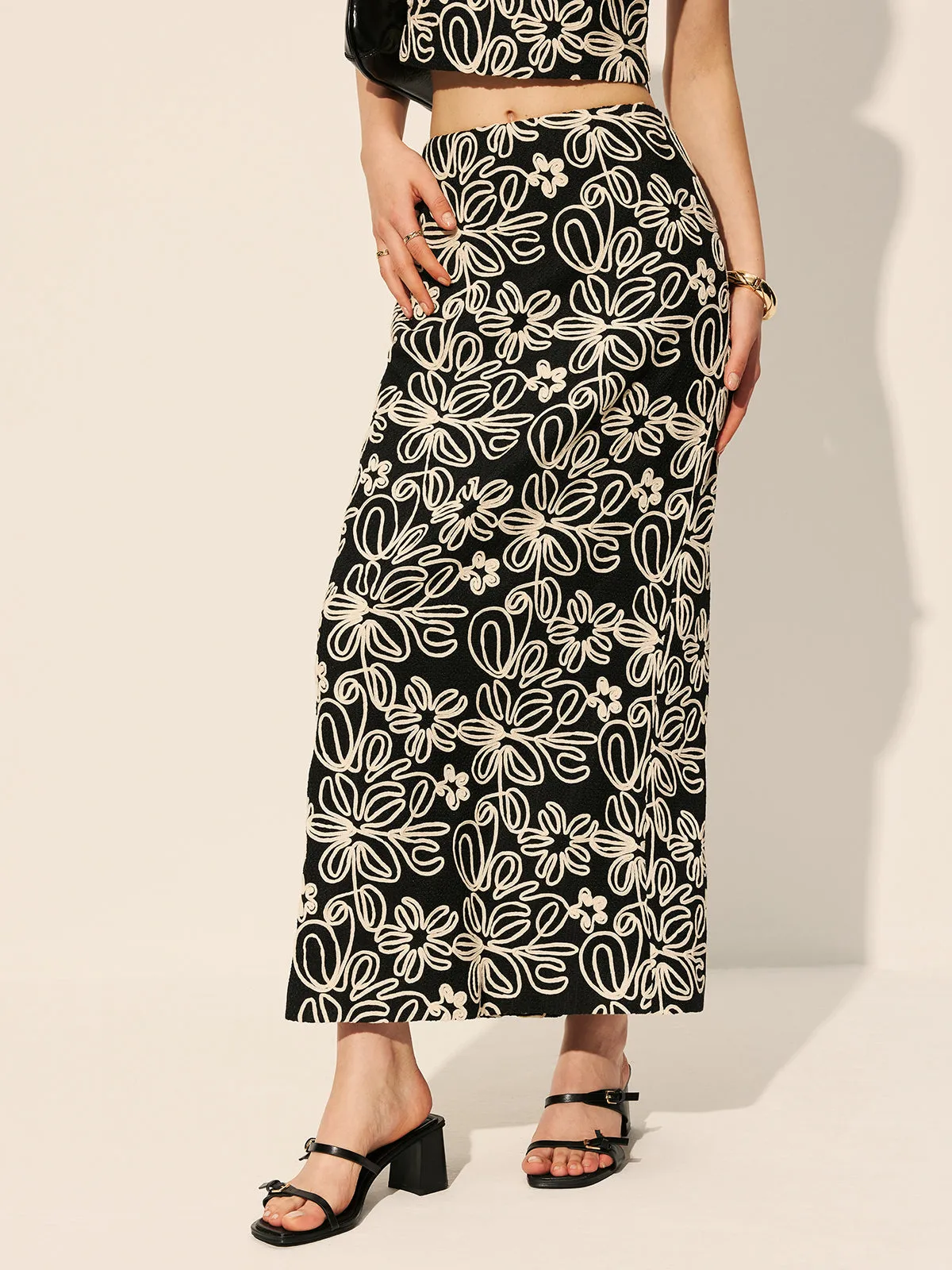 Embroidered Floral Split Skirt sold by COMMENSE