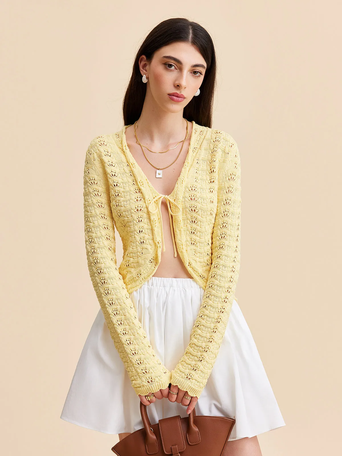 Tie-Front Crochet Knit Cardigan sold by COMMENSE product image thumbnail 3