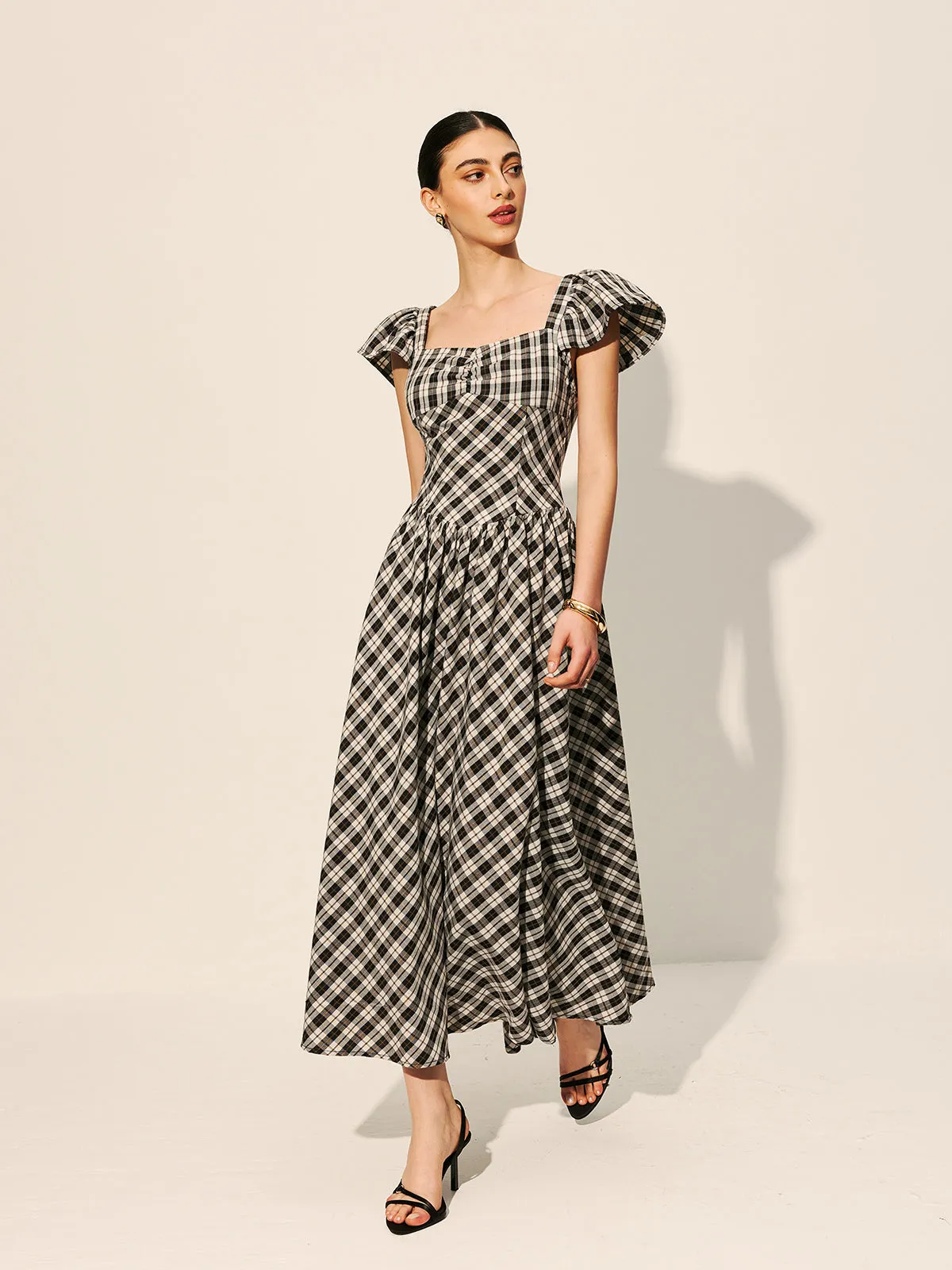 Checkerboard Puff Sleeve Dress sold by COMMENSE product image thumbnail 4