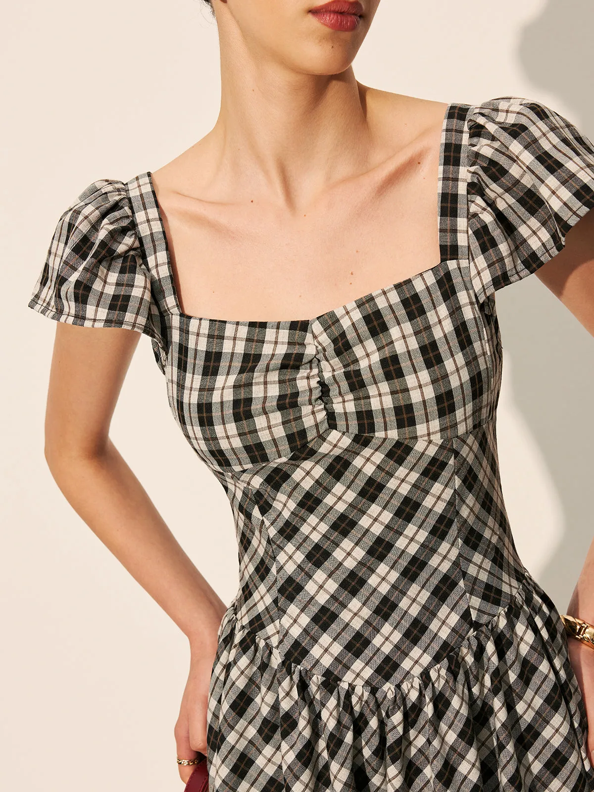 Checkerboard Puff Sleeve Dress sold by COMMENSE product image thumbnail 5