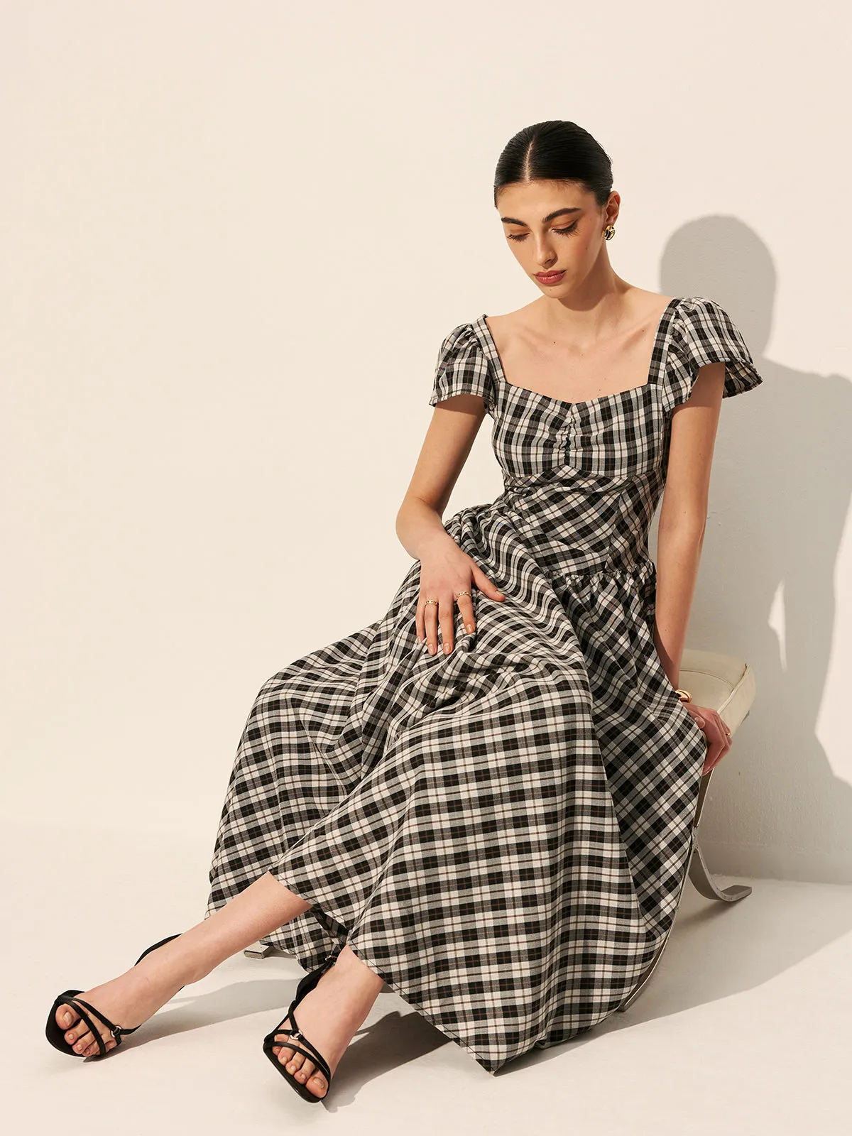 Checkerboard Puff Sleeve Dress sold by COMMENSE