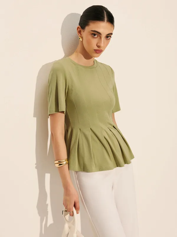 Pleated Peplum Ribbed Top made by COMMENSE