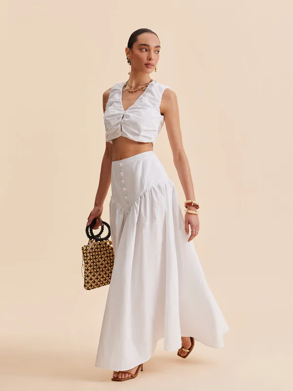 Ruched Crop Top With Buttoned Skirt Set sold by COMMENSE