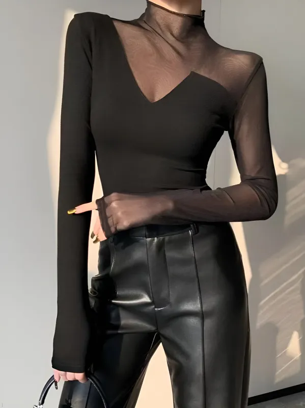 Asymmetrical Sheer Mesh Panel T-Shirt sold by COMMENSE