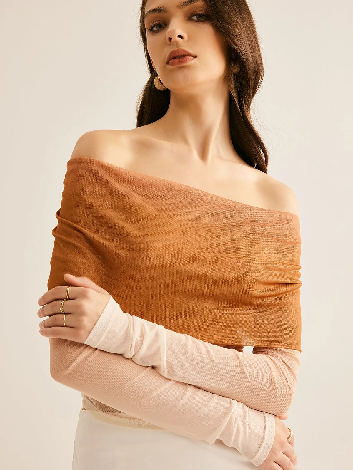 Semi-Sheer Off-Shoulder Mesh Gradient Blouse sold by COMMENSE product image thumbnail 3