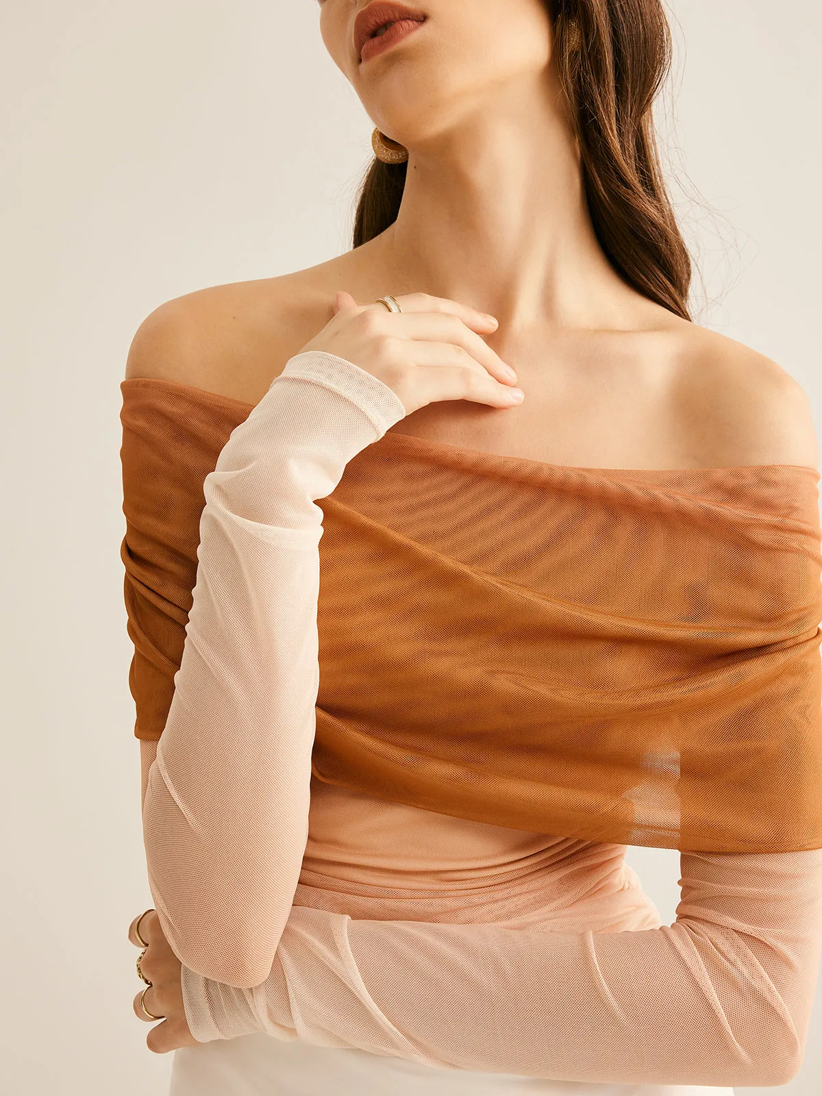 Semi-Sheer Off-Shoulder Mesh Gradient Blouse sold by COMMENSE product image thumbnail 4