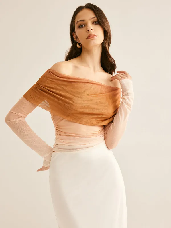Semi-Sheer Off-Shoulder Mesh Gradient Blouse sold by COMMENSE