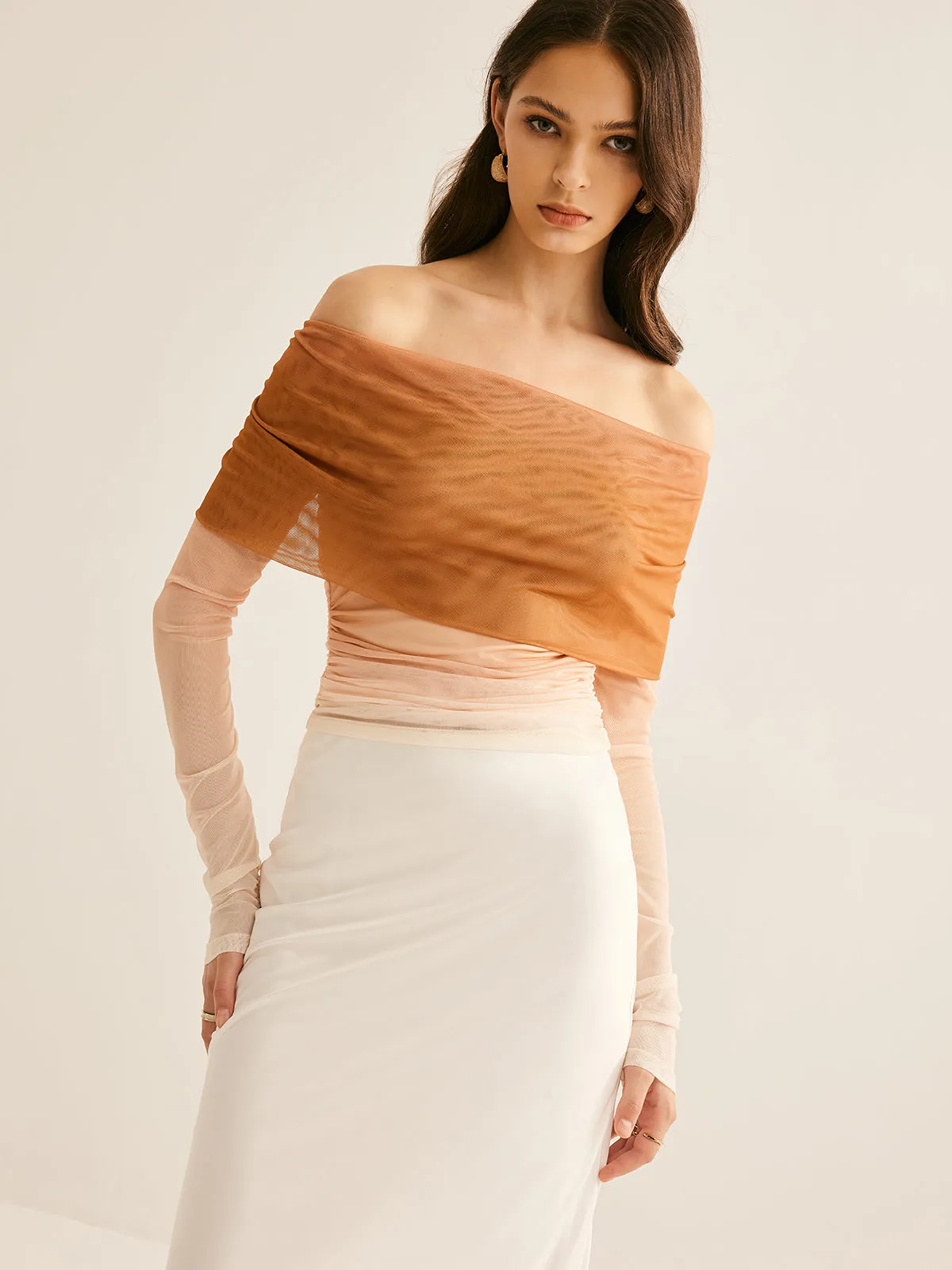 Semi-Sheer Off-Shoulder Mesh Gradient Blouse sold by COMMENSE product image thumbnail 2