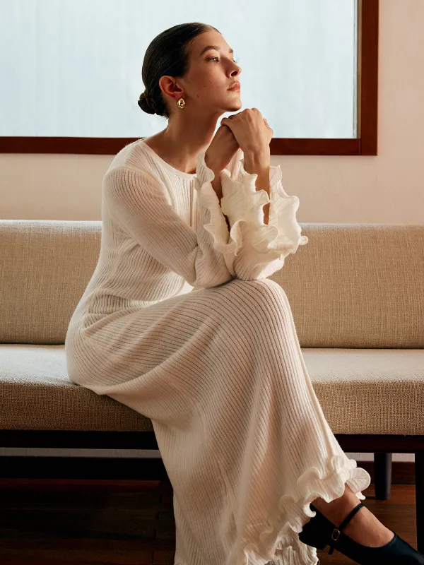 Semi-Sheer Piping Ruffle Drawstring Knit Dress sold by COMMENSE