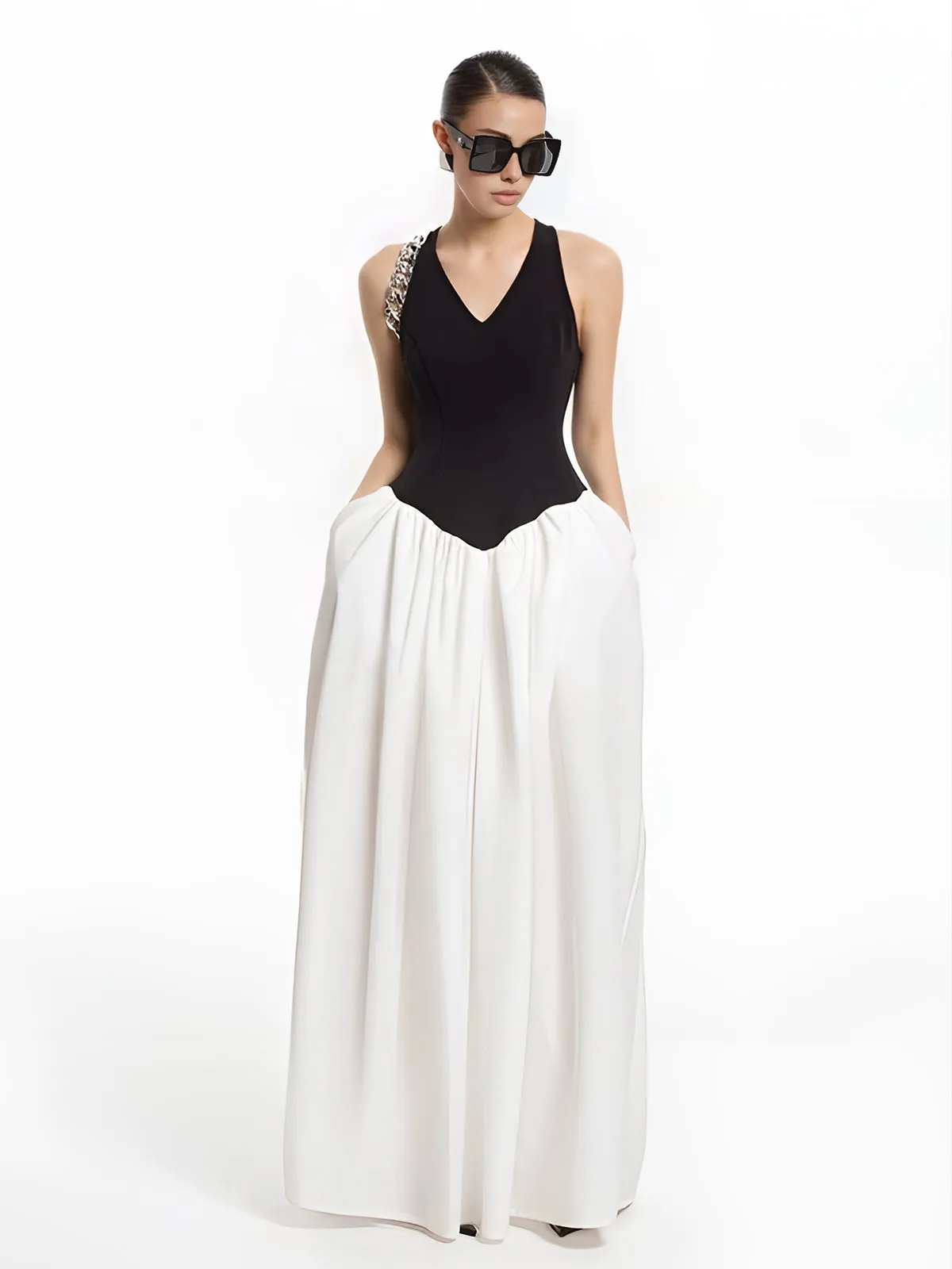 Semi-Sheer Color Block Panel Pockets Dress sold by COMMENSE product image thumbnail 3