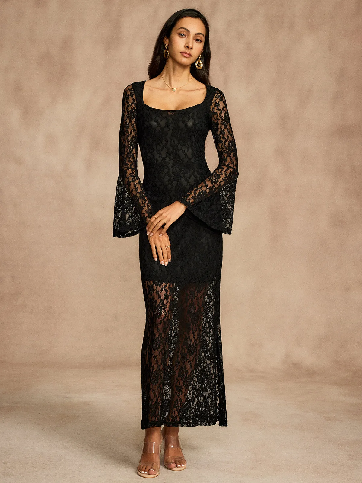 Semi-Sheer Lace Bell Sleeve Lined Dress sold by COMMENSE product image thumbnail 3